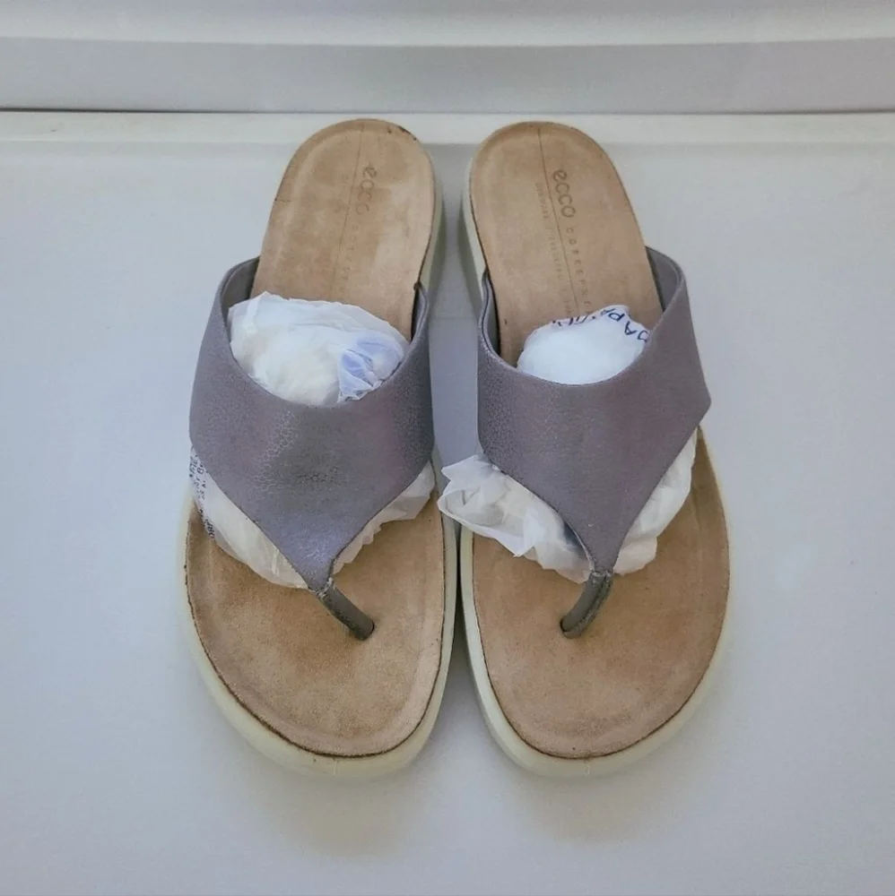 Ecco Corksphere Flip Flop Grey Leather Sandals Size 9